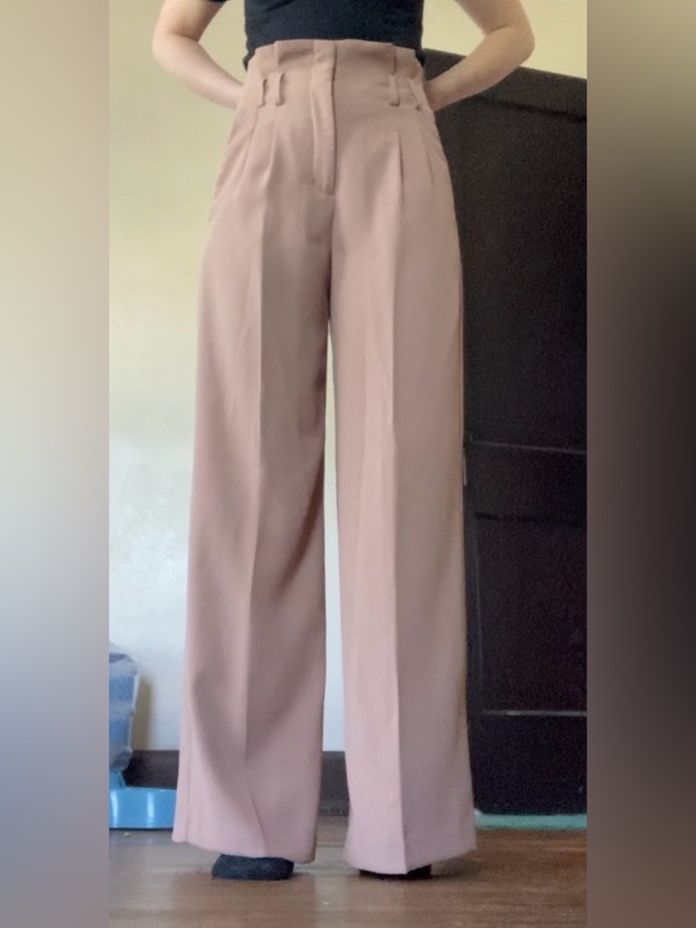 Tan pleated high rise wide leg trousers